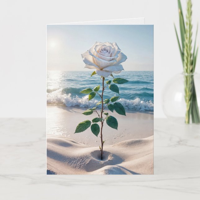 Sympathy White Rose In Beach Sand Card (Front)