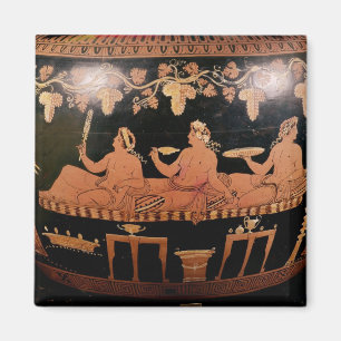 Symposium showing three men playing cottabos magnet