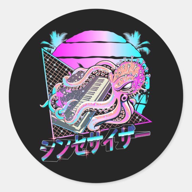 Synthesizer Octopus Vaporwave Kraken Analogue Synt Classic Round Sticker (Front)