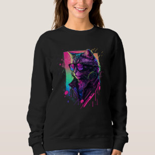 Synthwave Aesthetic Cat Vaporwave Cat  90s Retro C Sweatshirt
