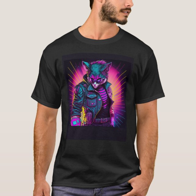 Synthwave Cat Retro 80s Vibe T-Shirt (Front)