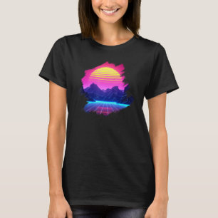 Synthwave Landscape Sunset Over Canyon & Grid Moun T-Shirt