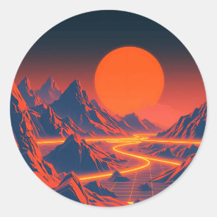 Synthwave Landscape with Neon Mountains Classic Round Sticker