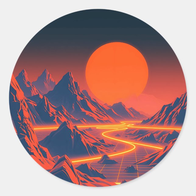 Synthwave Landscape with Neon Mountains Classic Round Sticker (Front)