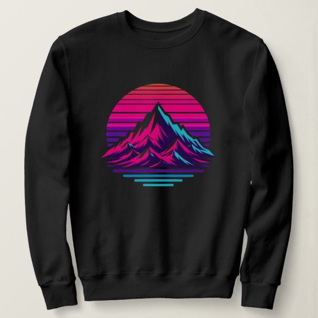Synthwave Mountain Sweatshirt – Retro Sunset Stree (Design Front)