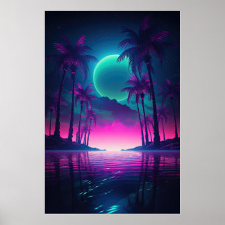 Synthwave Oasis: A Nighttime Escape to Paradise Poster