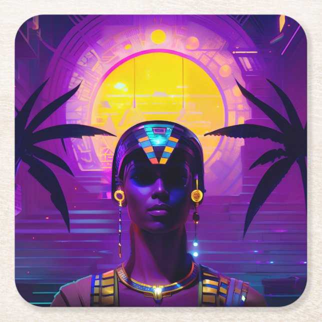 Synthwave Pharaoh Square Paper Coaster (Front)