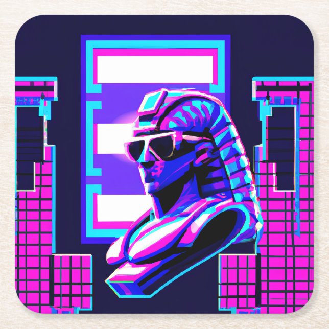 Synthwave Pharaoh Square Paper Coaster (Front)