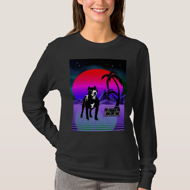 Synthwave Pitbull Dog Retro Boom Box T-Shirt (Front)