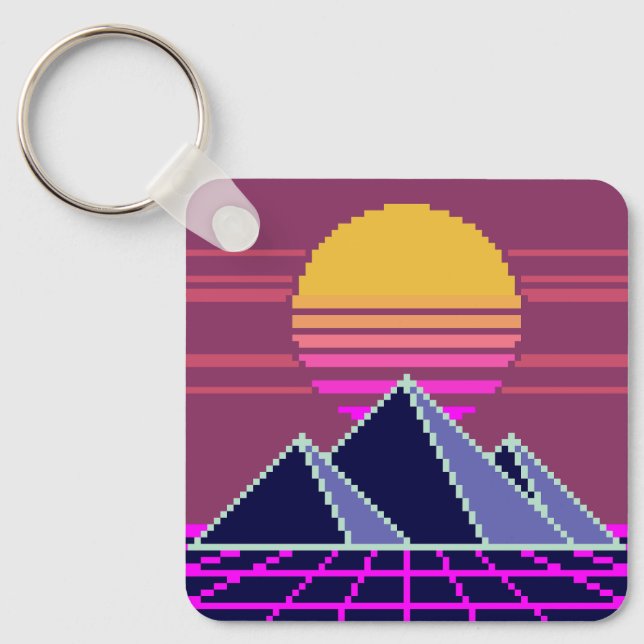 Synthwave sunset over pyramids pixel art key ring (Front)