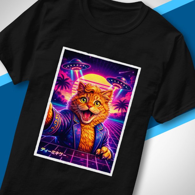 Synthwave UFO Cat Portrait 80s Retro Futuristic T-Shirt (Creator Uploaded)
