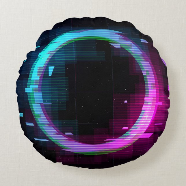 Synthwave Vaporwave Retrowave Glitch Circle with b Round Cushion (Front)