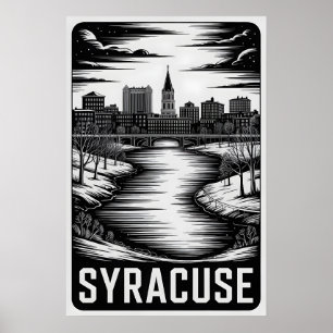 Syracuse New York Skyline Black White Woodcut Poster
