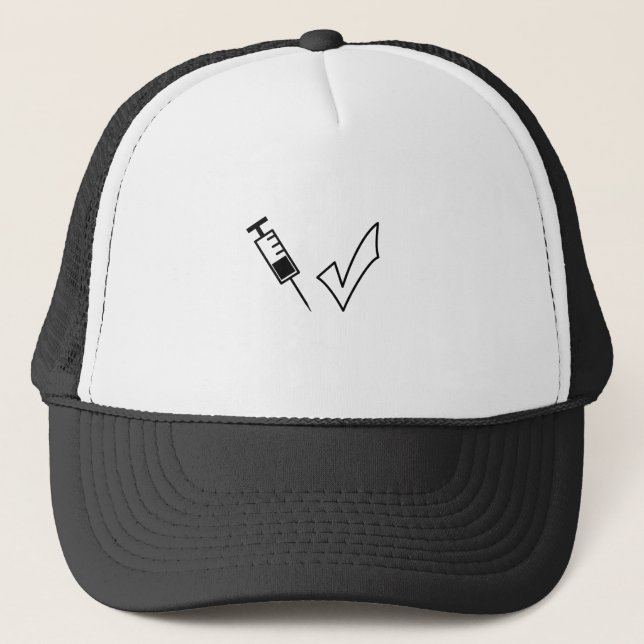 Syringe and tick symbol vaccinated trucker hat (Front)