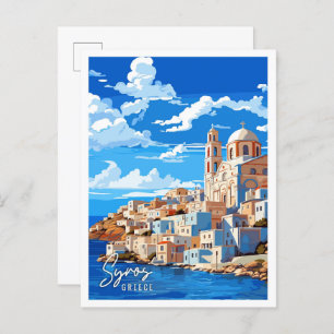 Syros Greece vintage travel illustration Postcard