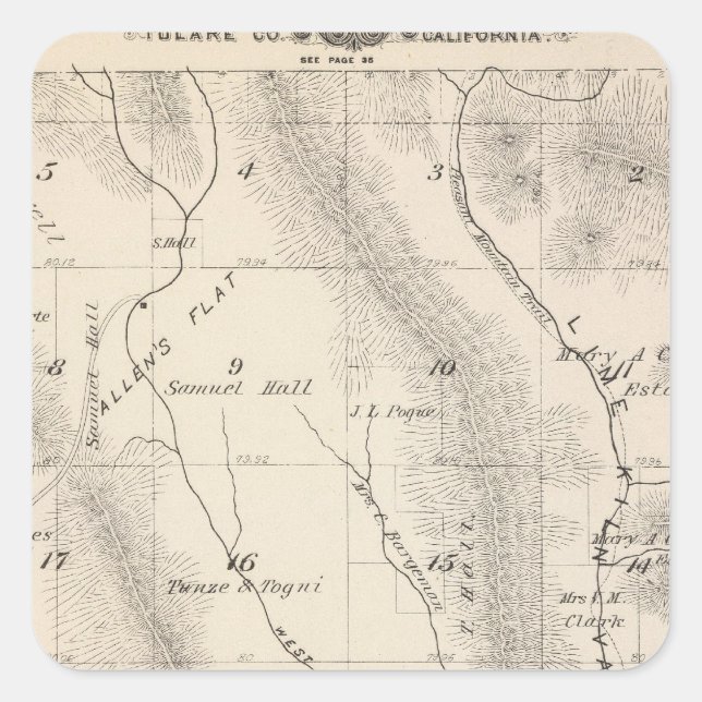 T16S R27E Tulare County Section Map Square Sticker (Front)