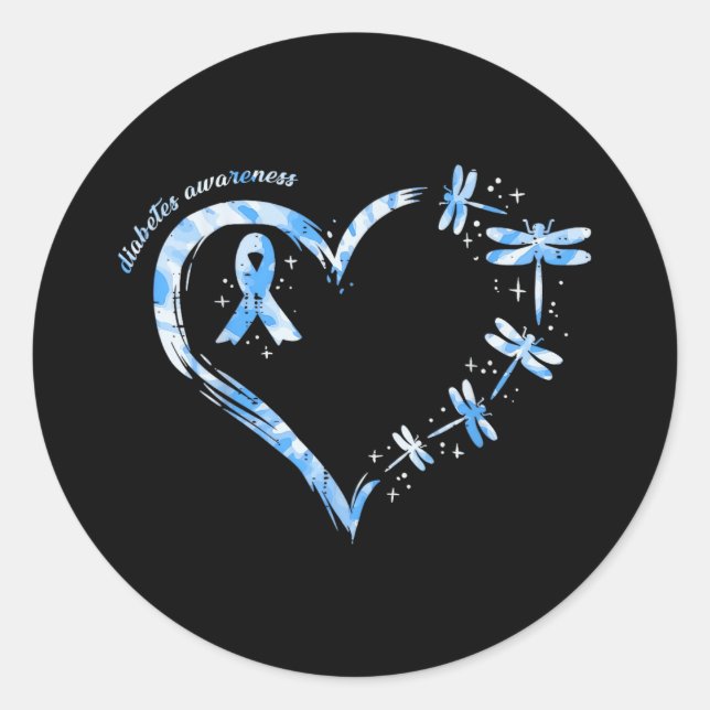 T1d Diabetes Awareness Heart Dragonflies Blue Ribb Classic Round Sticker (Front)