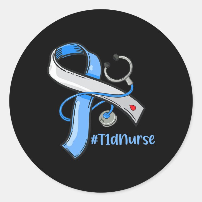 T1d Nurse Blue Ribbon Stethoscope Diabetes Awarene Classic Round Sticker (Front)