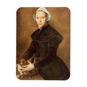 T28337 Portrait of a lady with a lapdog on a table Magnet