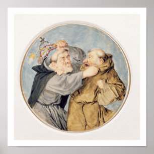 T31130 Two Monks Fighting, 1690 (w/c, ink, chalk) Poster