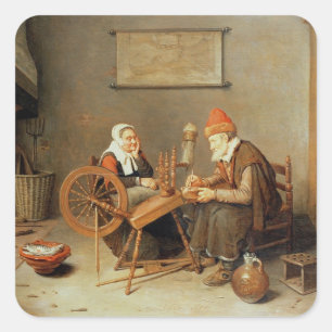 T31883 An interior with a old woman at a spinning Square Sticker