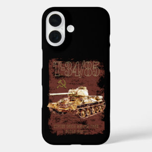 T-34-85 Soviet Union Medium Tank of WWII and Flag iPhone 16 Case