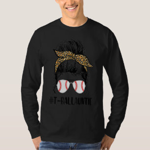 T Ball Auntie Life Messy Bun Leopard Print Softbal T-Shirt