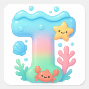 "T" Cute Letter - Underwater Sea Creature  Square Sticker