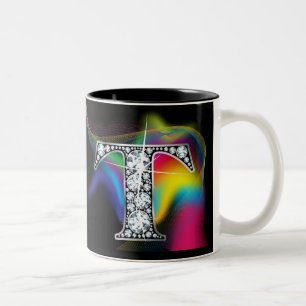 "T" Diamond Bling on Rainbow Swirl Mug