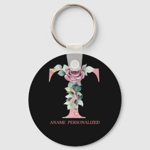 T Floral Monogram Name Letters Pink Agate Keychain
