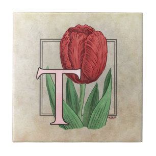T for Tulip Flower Floral Monogram Art Tile