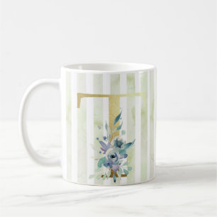 T  golden initial blue and white stripes, coffee mug