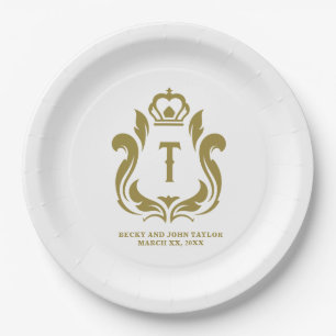 T Initial Monogram Gold Crest Paper Plate