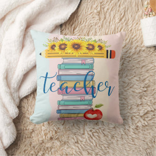 T is for Teacher Floral Pencil Books Apple Cushion