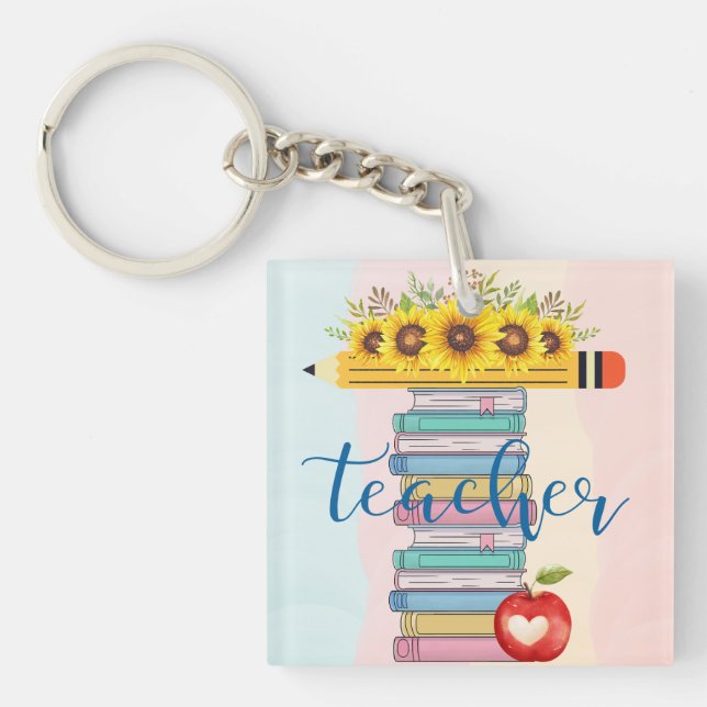 T is for Teacher Floral Pencil Books Apple Key Ring (Front)
