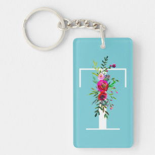 T Letter Initial Monogram Floral Custom Colour Key Ring