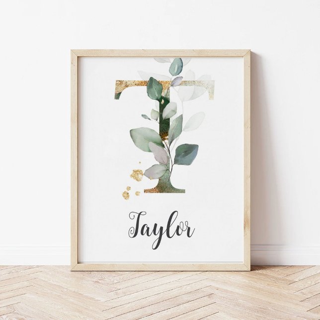T Letter Monogram Greenery Nursery Name Wall Print (Creator Uploaded)