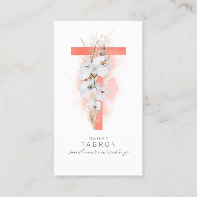 T Letter Monogram White Orchids and Pampas Grass Business Card (Front)