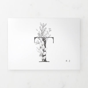 'T' Monogram Beautiful Sketched Floral Wedding Tri-Fold Invitation