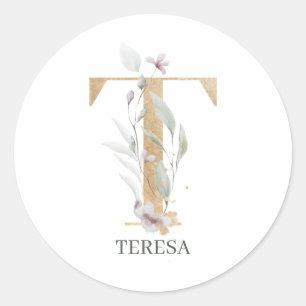 T Monogram Floral Personalised Classic Round Sticker