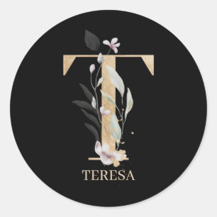 T Monogram Floral Personalised Classic Round Sticker
