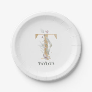 T Monogram Floral Personalised Paper Plate