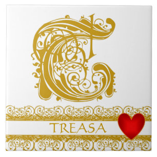 T Monogram Name Gold Lace Red Heart Template Tile