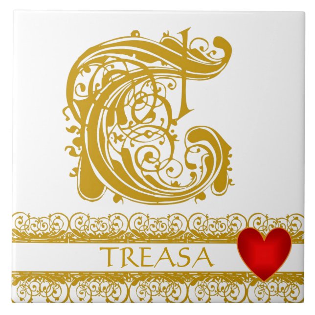 T Monogram Name Gold Lace Red Heart Template Tile (Front)
