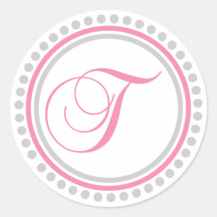 T Monogram (Pink / Silver Dot Circle) Classic Round Sticker