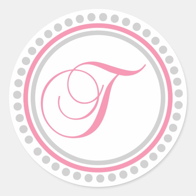 T Monogram (Pink / Silver Dot Circle) Classic Round Sticker (Front)