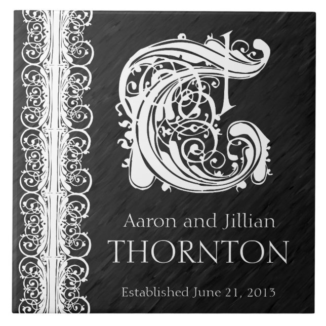 T Monogram "White Lace on Black" Wedding  Tile (Front)