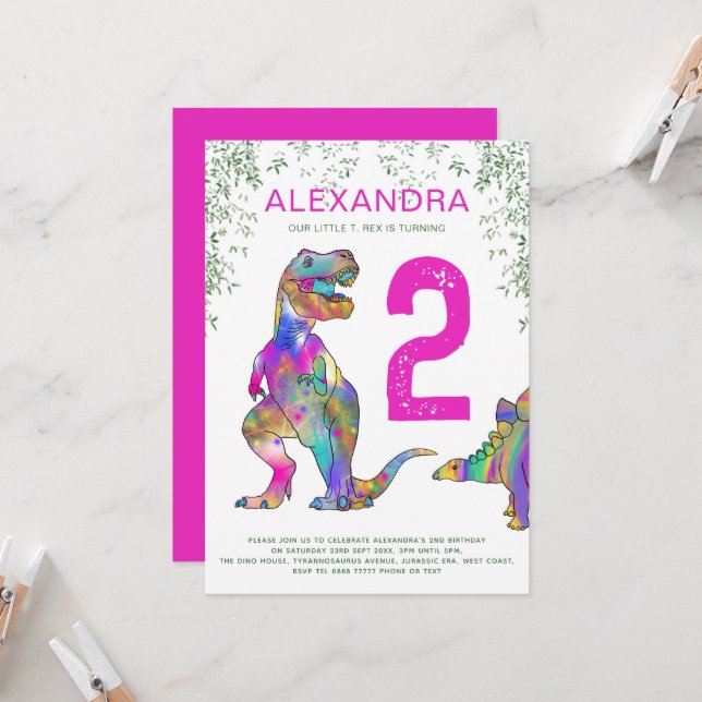T. Rex 2nd Birthday Party pink Invitation (Front/Back In Situ)