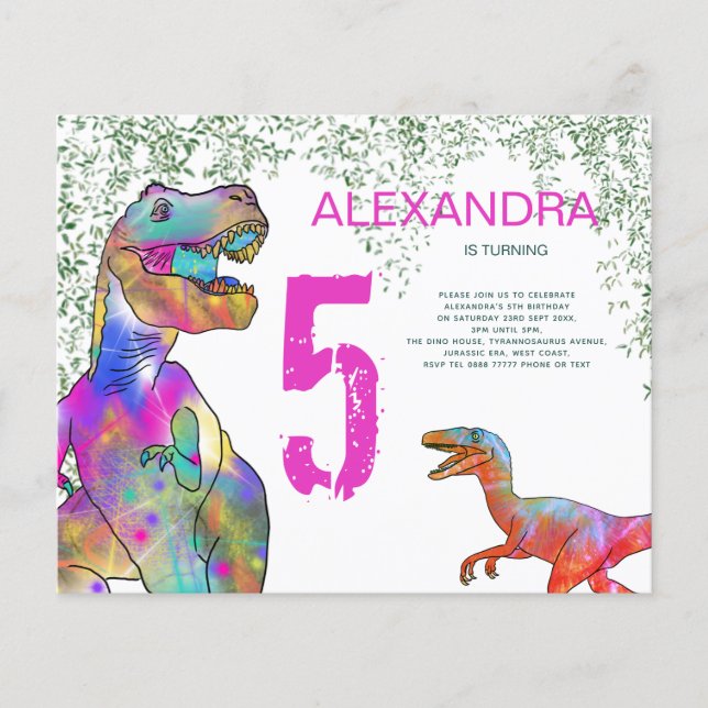 T Rex 5th Birthday Party Budget Invitation Pink Flyer (Front)