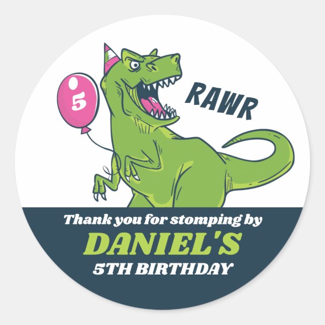 T-Rex and Balloon Dinosaur Kids Birthday Party Classic Round Sticker (Front)